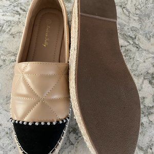 Quilted Beige Loafers/Espadrilles/Shoes Pearls Fits Size 8.5